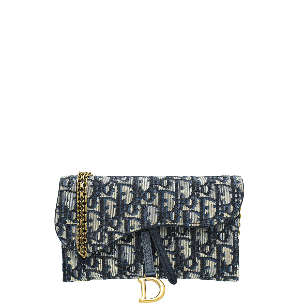 Christian Dior Navy Aged Oblique Jacquard Saddle Chain Wallet