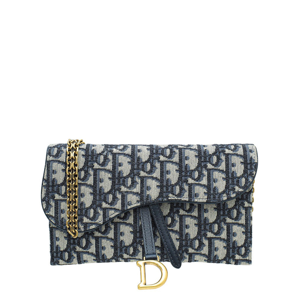 Christian Dior Navy Blue Oblique Saddle Long Wallet with Chain-Christian Dior-THE CLOSET
