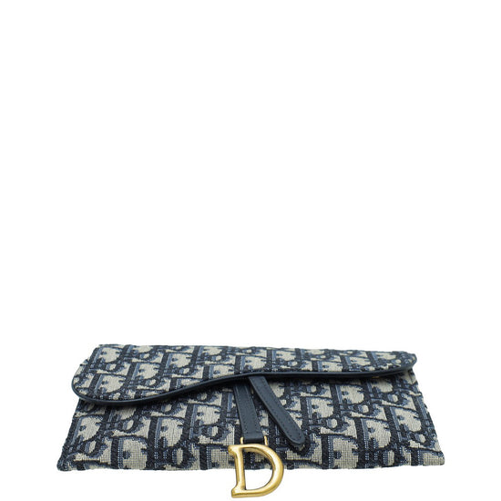 Christian Dior Navy Blue Oblique Saddle Long Wallet with Chain