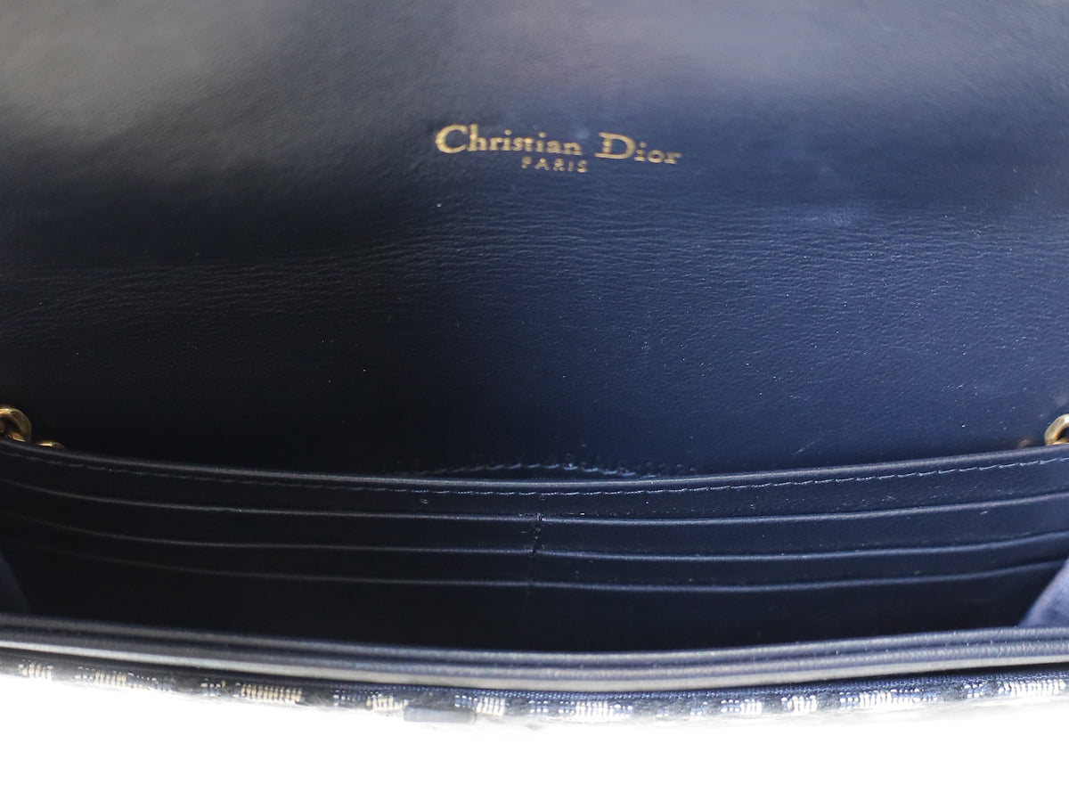 Christian Dior Navy Blue Oblique Saddle Long Wallet with Chain