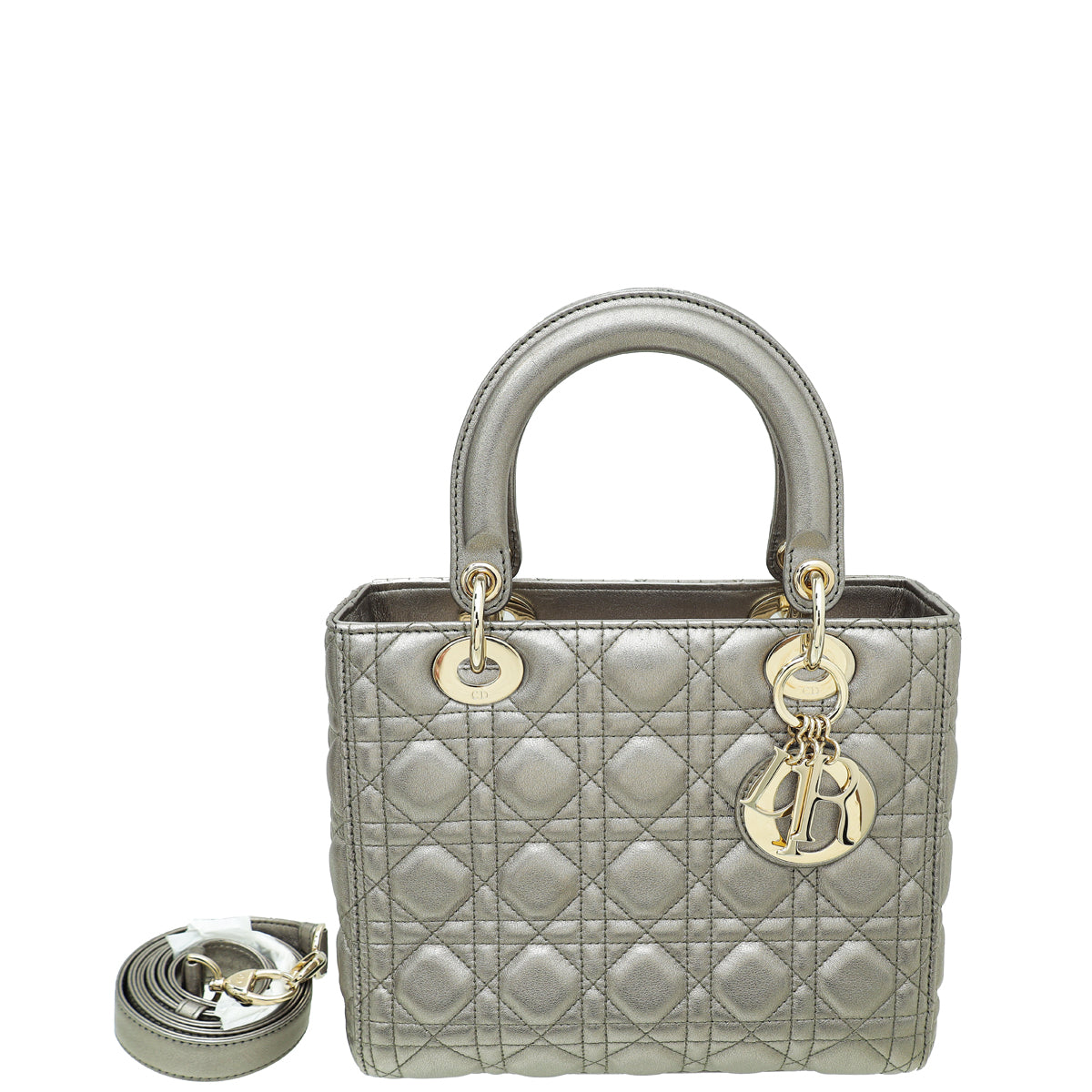 Christian Dior Metallic Grey Lady Dior Medium Bag