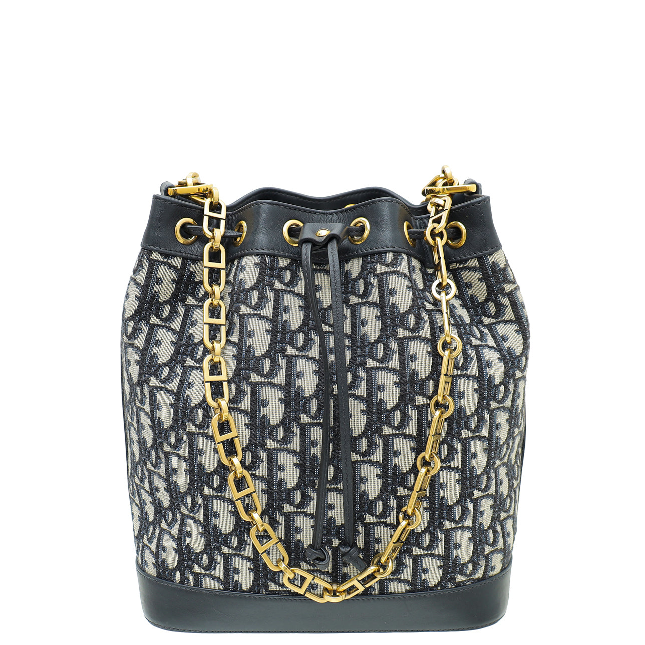 Christian Dior Blue Oblique Drawstring Chain Bucket Large Bag-Christian Dior-THE CLOSET