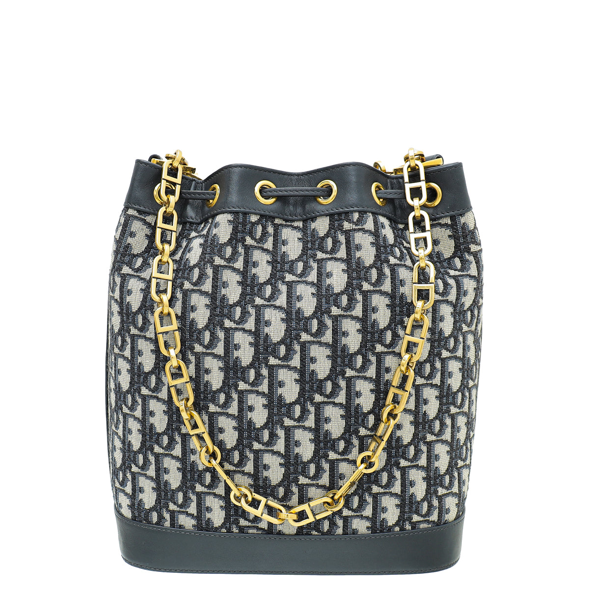 Christian Dior Blue Oblique Drawstring Chain Bucket Large Bag-Christian Dior-THE CLOSET