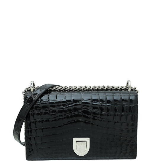 Christian Dior Black Shiny Crocodile Diorama Flap Medium Bag