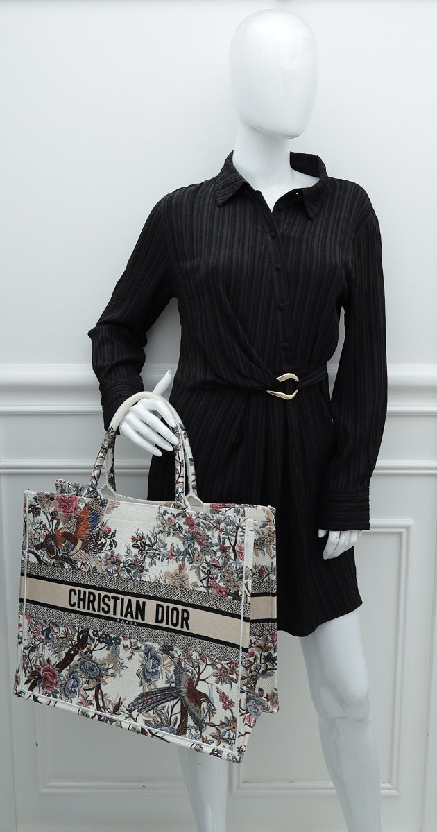 Christian Dior Latte Multicolor Jardin d'Hiver Embroidery Book Tote Large Bag