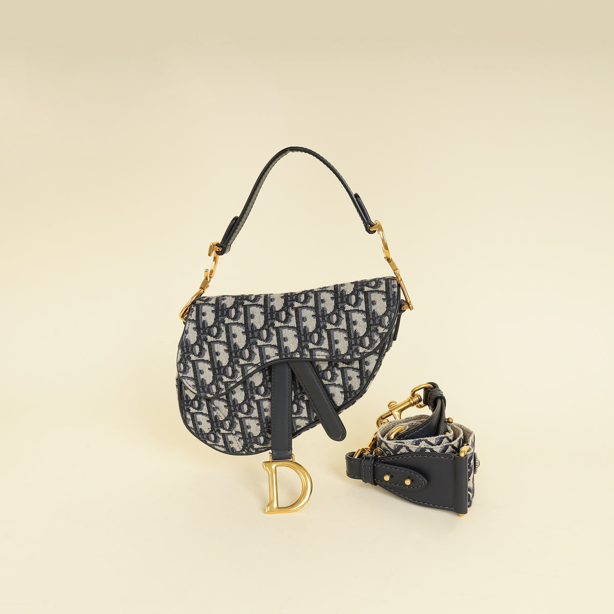 Christian Dior Navy Blue Oblique Mini Saddle With Medallion Strap-Christian Dior-THE CLOSET
