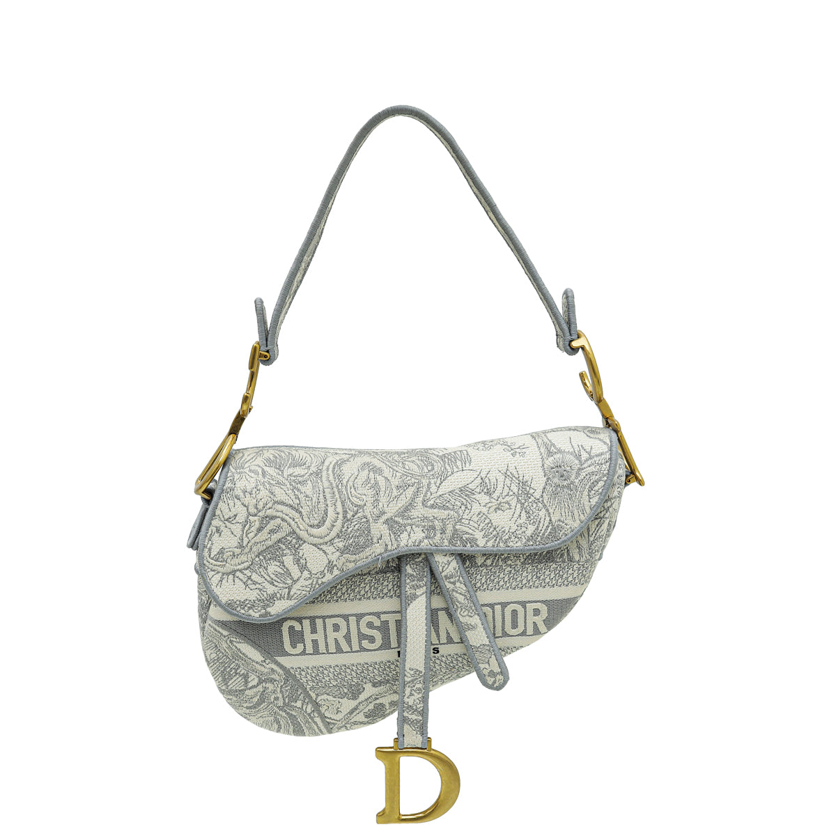 Christian Dior Grey Toile de Jouy Embroidery Saddle Medium Bag w/ MKF Initial-Christian Dior-THE CLOSET