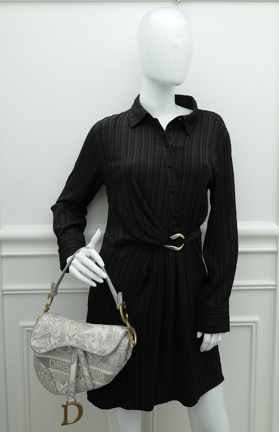 Christian Dior Grey Toile de Jouy Embroidery Saddle Medium Bag w/ MKF Initial