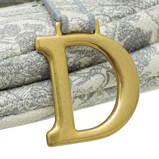 Christian Dior Grey Toile de Jouy Embroidery Saddle Medium Bag w/ MKF Initial
