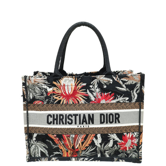 Christian Dior Black Multicolor Camouflage Flowers Embroidered Book Tote Medium Bag