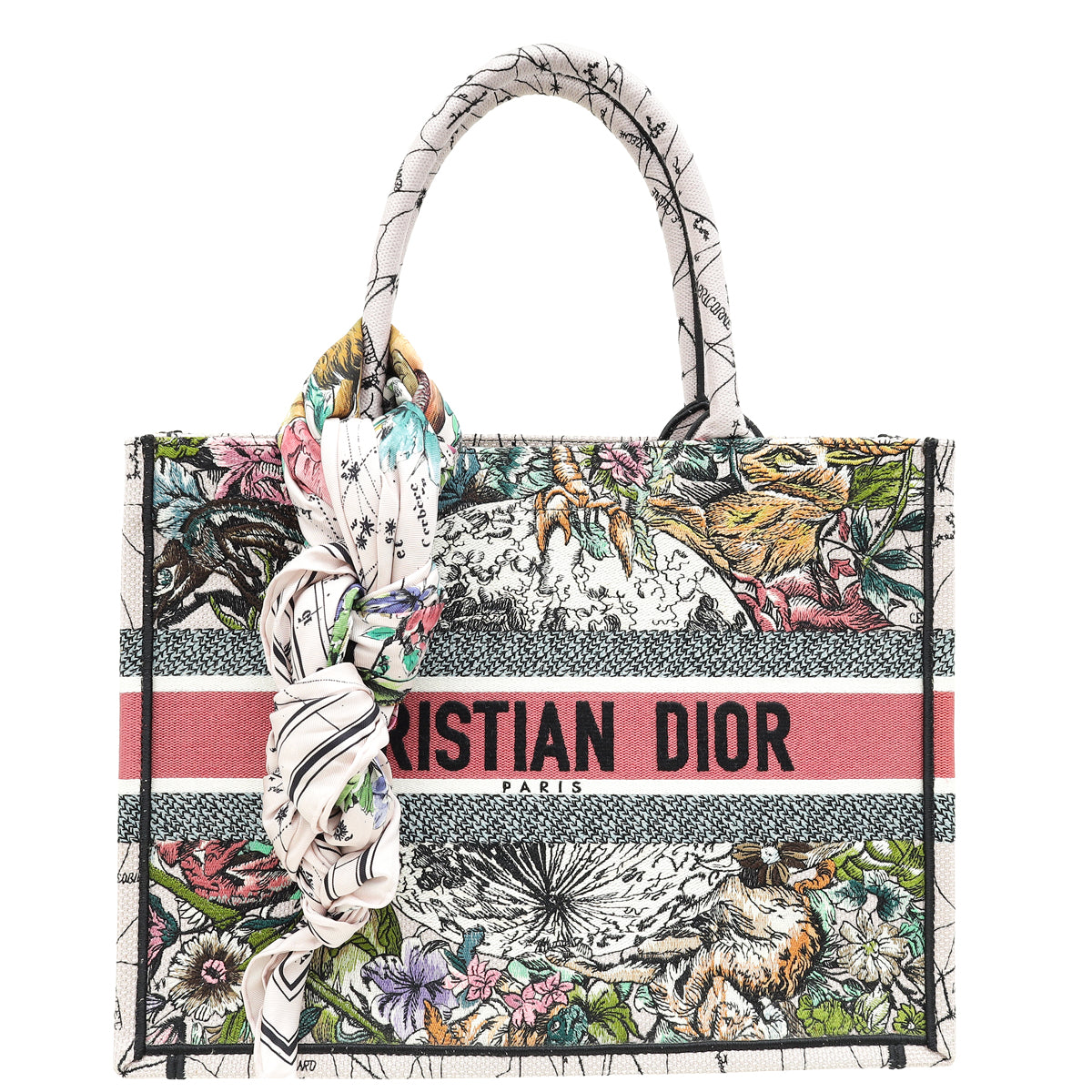 Christian Dior Light Pink Multicolo Embroidered Zodiac Book Medium Tote Bag W/ Scarf-Christian Dior-THE CLOSET