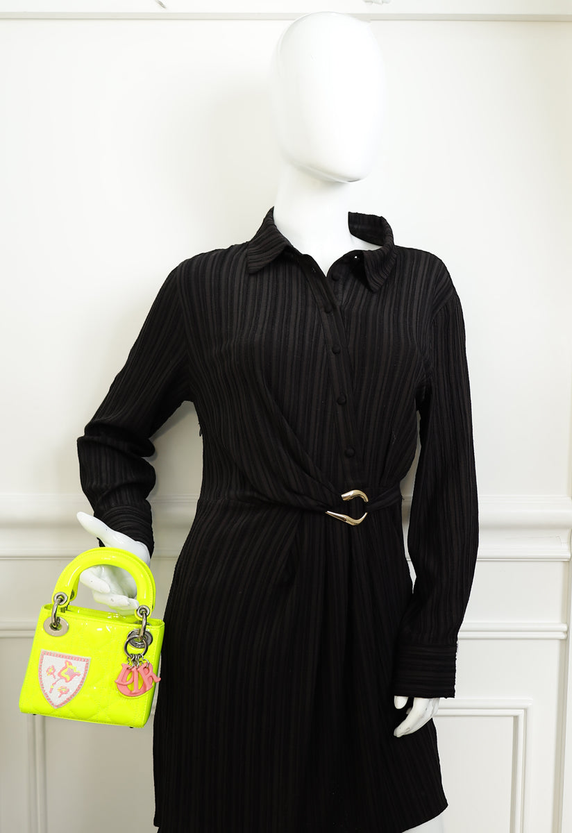 Christian Dior Neon Green Lady Dior Micro with Embroidered Patch Bag