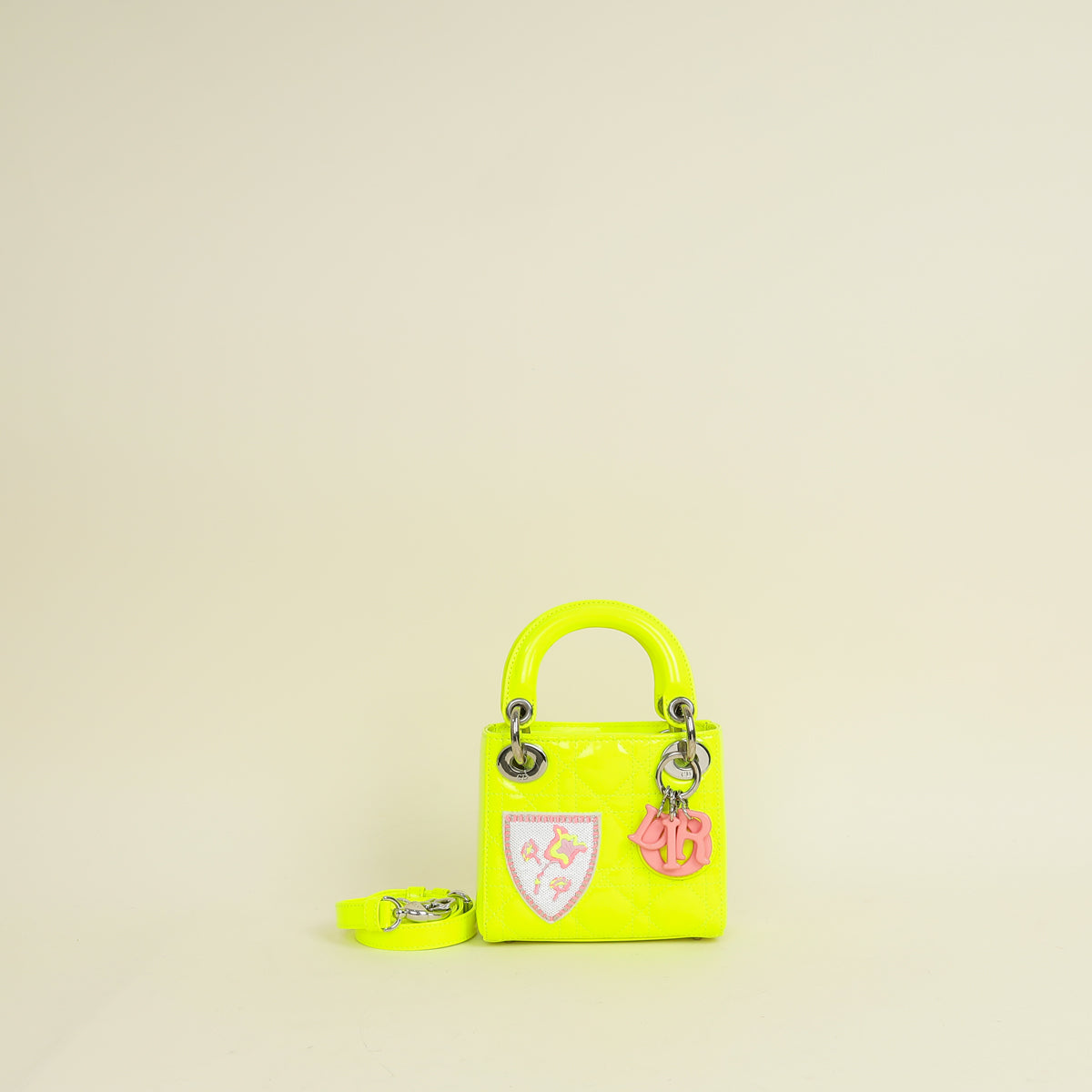 Christian Dior Neon Green Lady Dior Micro with Embroidered Patch Bag