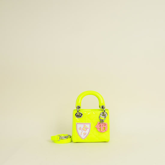 Christian Dior Neon Green Lady Dior Micro with Embroidered Patch Bag