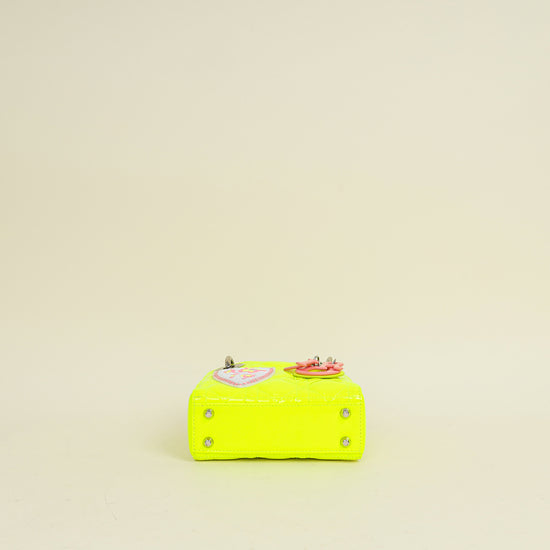 Christian Dior Neon Green Lady Dior Micro with Embroidered Patch Bag
