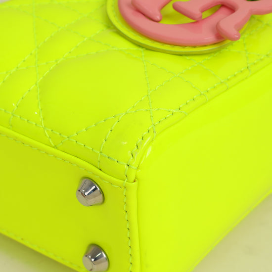 Christian Dior Neon Green Lady Dior Micro with Embroidered Patch Bag