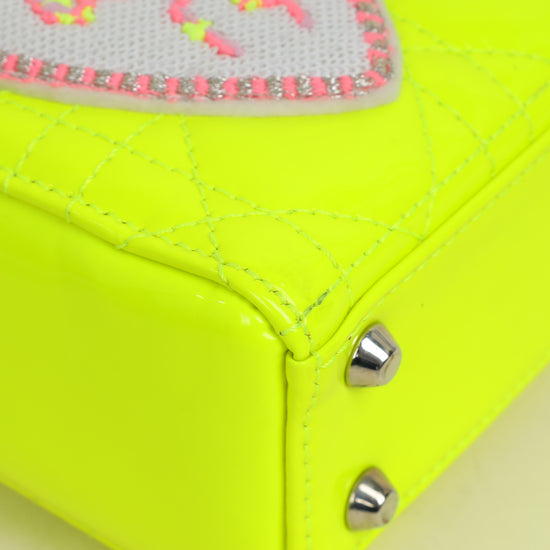 Christian Dior Neon Green Lady Dior Micro with Embroidered Patch Bag