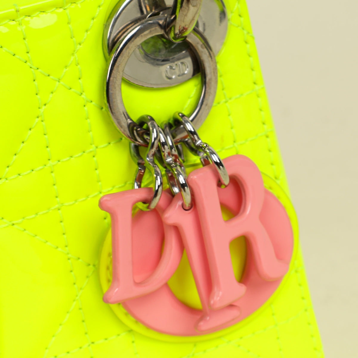 Christian Dior Neon Green Lady Dior Micro with Embroidered Patch Bag