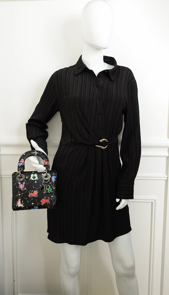 Christian Dior Black Multicolor Pixel Zodiac Print Lady Dior Mini Chain Bag