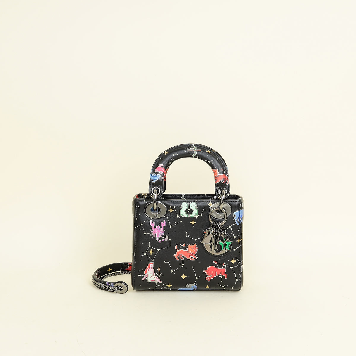 Christian Dior Black Multicolor Pixel Zodiac Print Lady Dior Mini Chain Bag