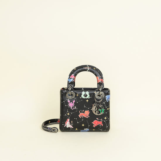 Christian Dior Black Multicolor Pixel Zodiac Print Lady Dior Mini Chain Bag
