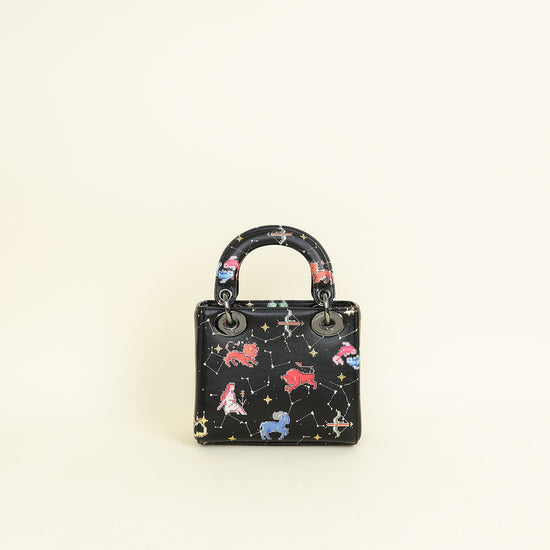Christian Dior Black Multicolor Pixel Zodiac Print Lady Dior Mini Chain Bag