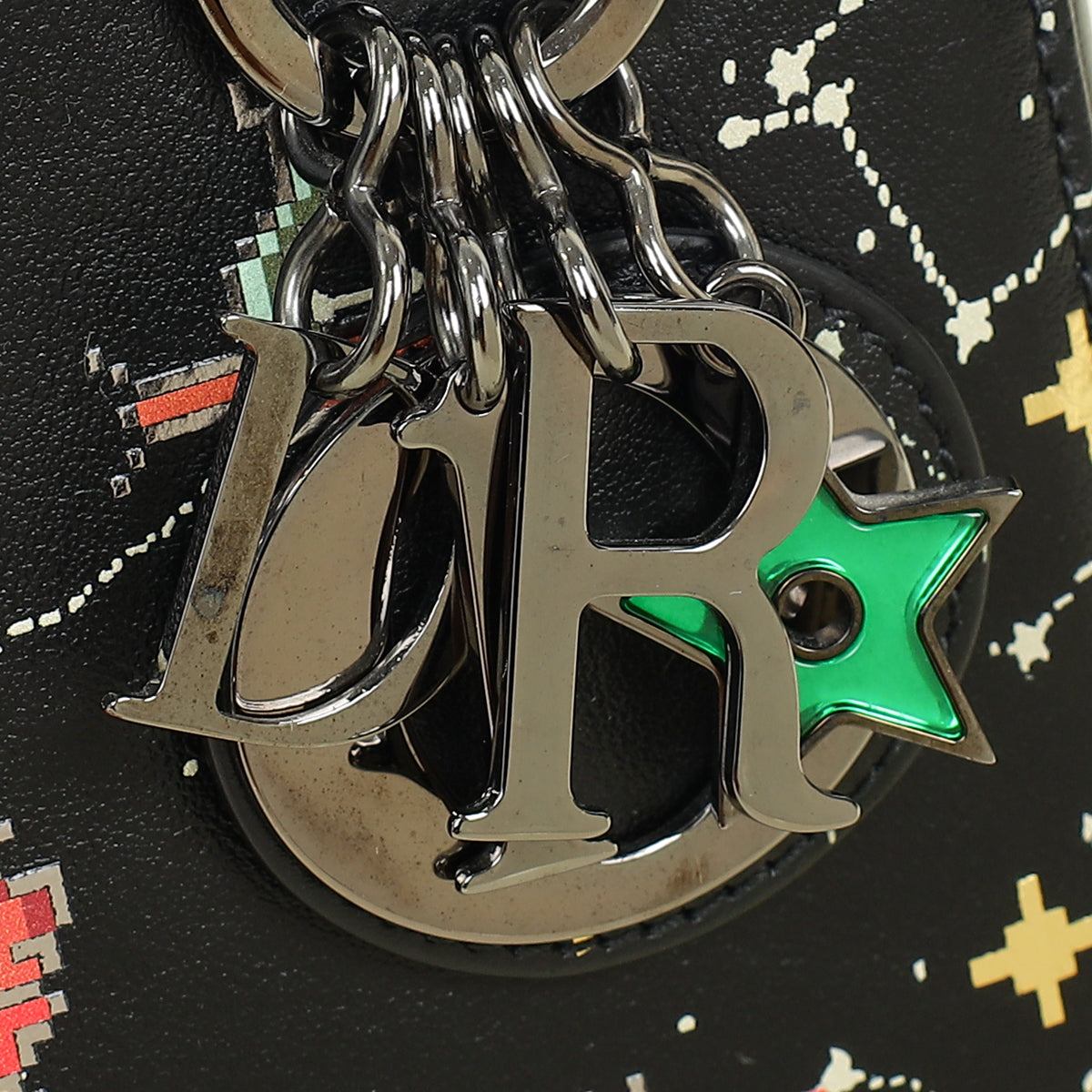 Christian Dior Black Multicolor Pixel Zodiac Print Lady Dior Mini Chain Bag