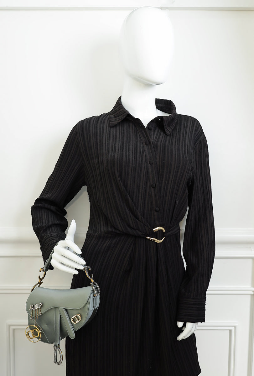 Christian Dior Grey Mini Saddle Satin Crystal Embellished Brooch Bag