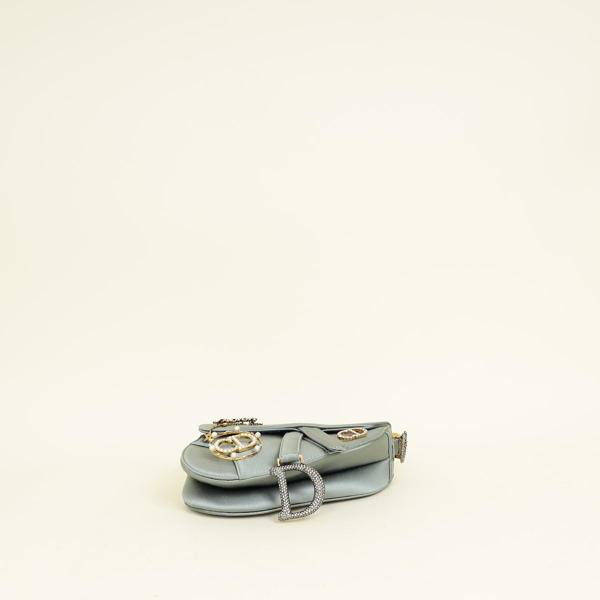 Christian Dior Grey Mini Saddle Satin Crystal Embellished Brooch Bag