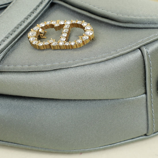 Christian Dior Grey Mini Saddle Satin Crystal Embellished Brooch Bag