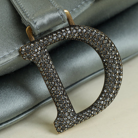 Christian Dior Grey Mini Saddle Satin Crystal Embellished Brooch Bag