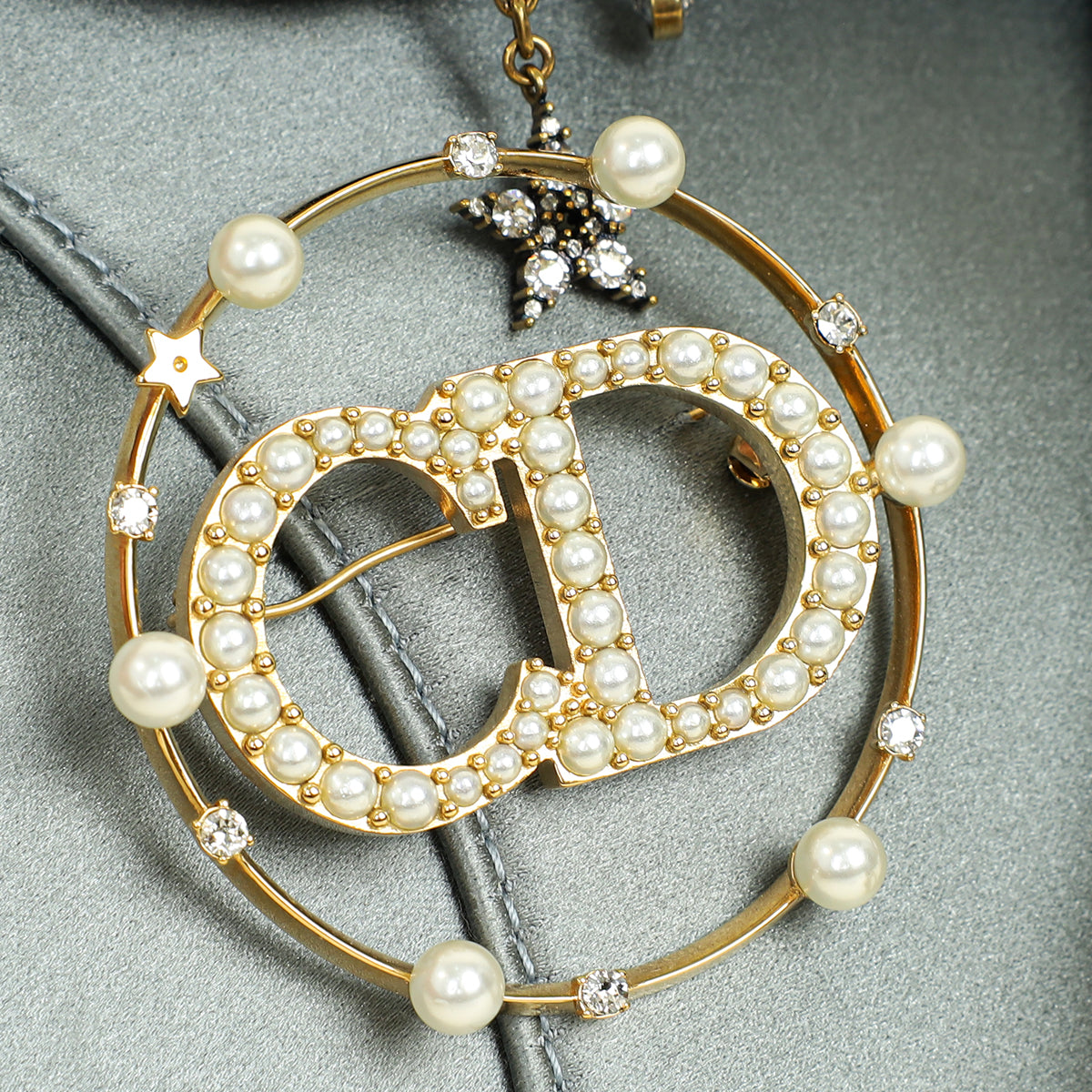 Christian Dior Grey Mini Saddle Satin Crystal Embellished Brooch Bag