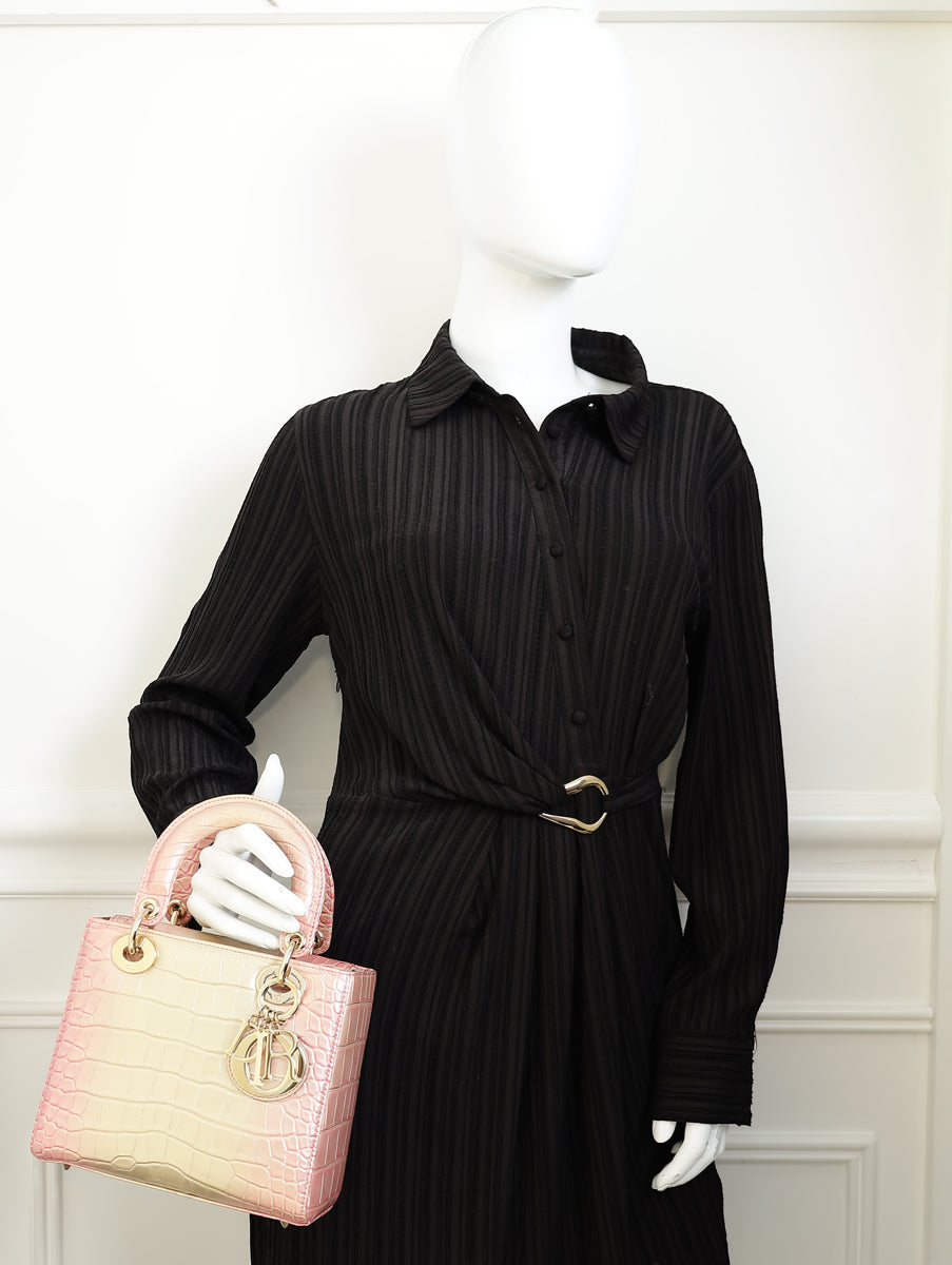 Christian Dior Bicolor Metallic Lady Dior Alligator Small Bag