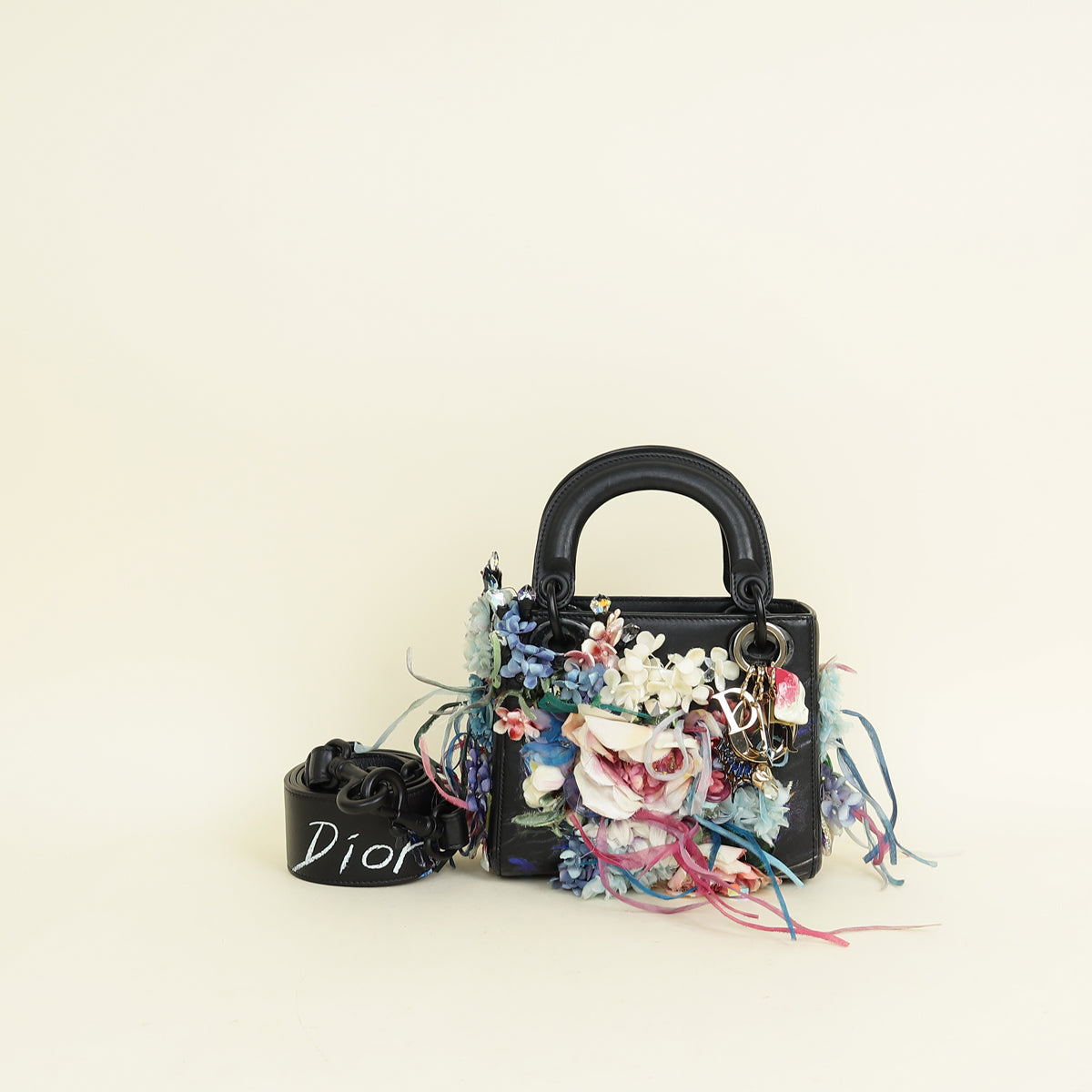 Christian Dior Black Multicolor Lady Dior X Gigi Sue Flower Beads Mini Bag