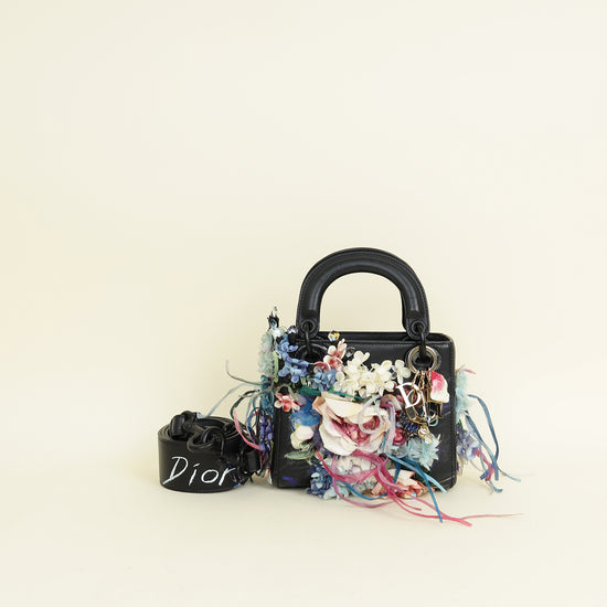 Christian Dior Black Multicolor Lady Dior X Gigi Sue Flower Beads Mini Bag