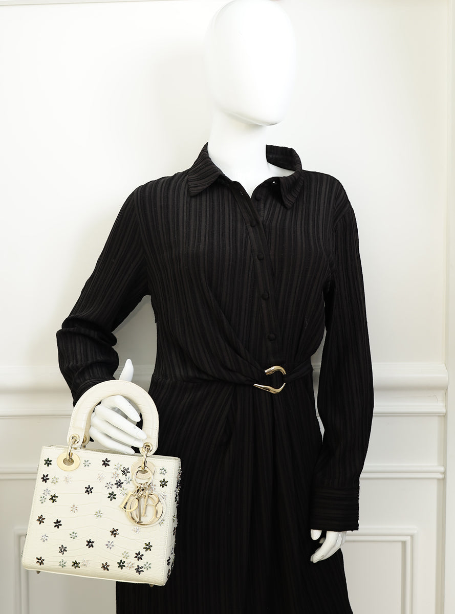 Christian Dior White Lady Dior Matte Alligator Flower Crystal Beads Small Bag