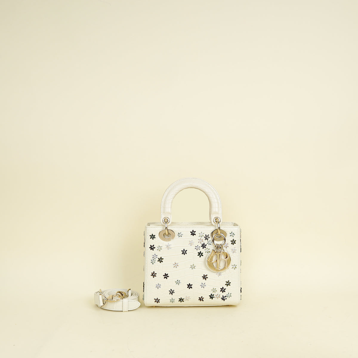 Christian Dior White Lady Dior Matte Alligator Flower Crystal Beads Small Bag