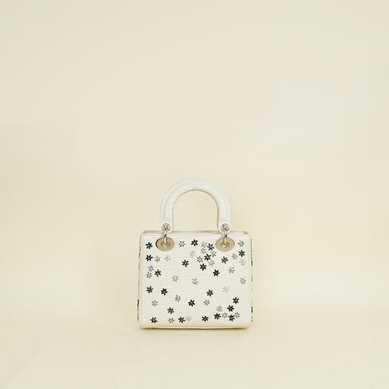 Christian Dior White Lady Dior Matte Alligator Flower Crystal Beads Small Bag