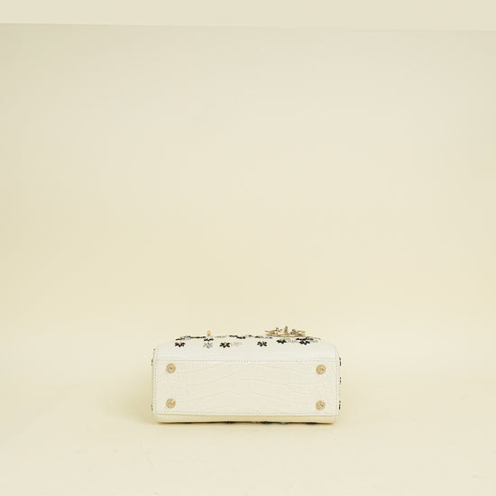 Christian Dior White Lady Dior Matte Alligator Flower Crystal Beads Small Bag
