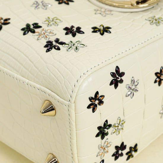 Christian Dior White Lady Dior Matte Alligator Flower Crystal Beads Small Bag