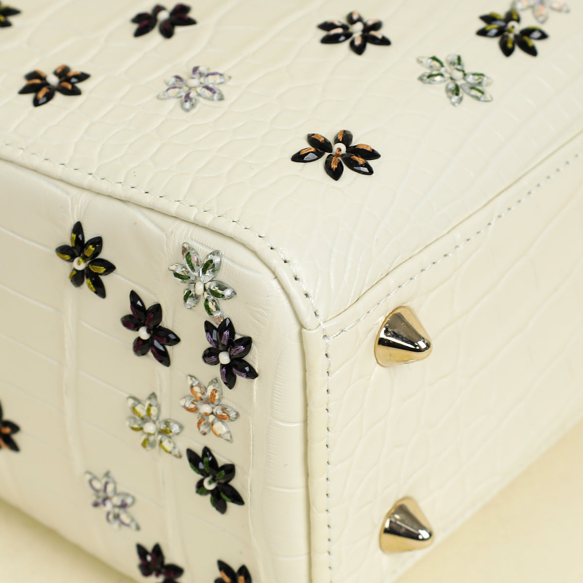 Christian Dior White Lady Dior Matte Alligator Flower Crystal Beads Small Bag