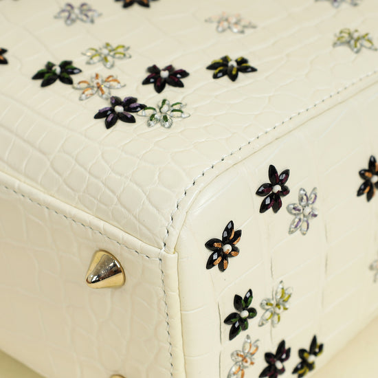 Christian Dior White Lady Dior Matte Alligator Flower Crystal Beads Small Bag