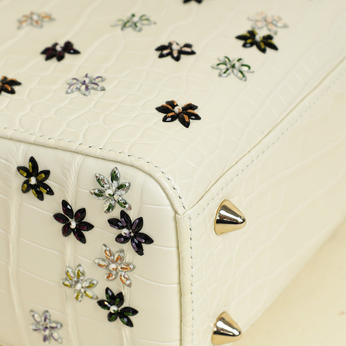 Christian Dior White Lady Dior Matte Alligator Flower Crystal Beads Small Bag