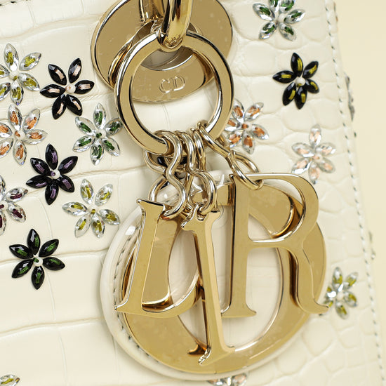 Christian Dior White Lady Dior Matte Alligator Flower Crystal Beads Small Bag