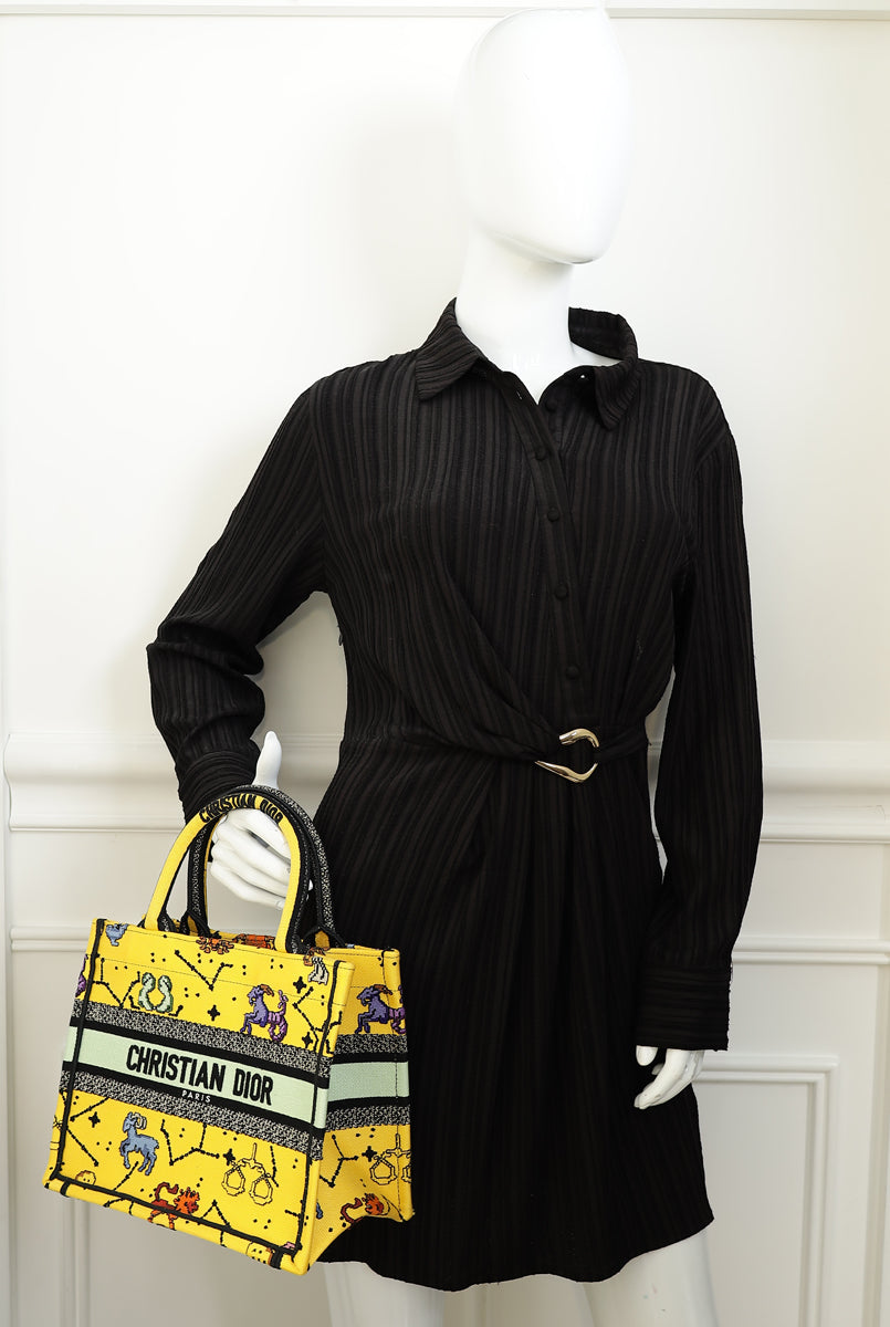 Christian Dior  Yellow Multicolor  Pixel Zodiac Embroidered Book Tote Small Bag
