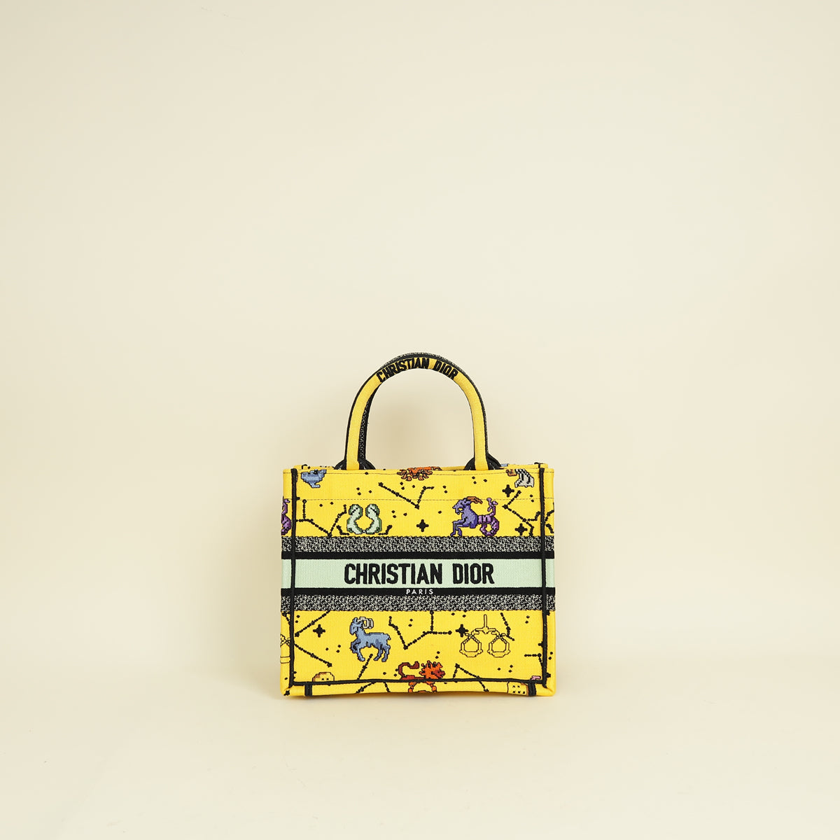 Christian Dior  Yellow Multicolor  Pixel Zodiac Embroidered Book Tote Small Bag
