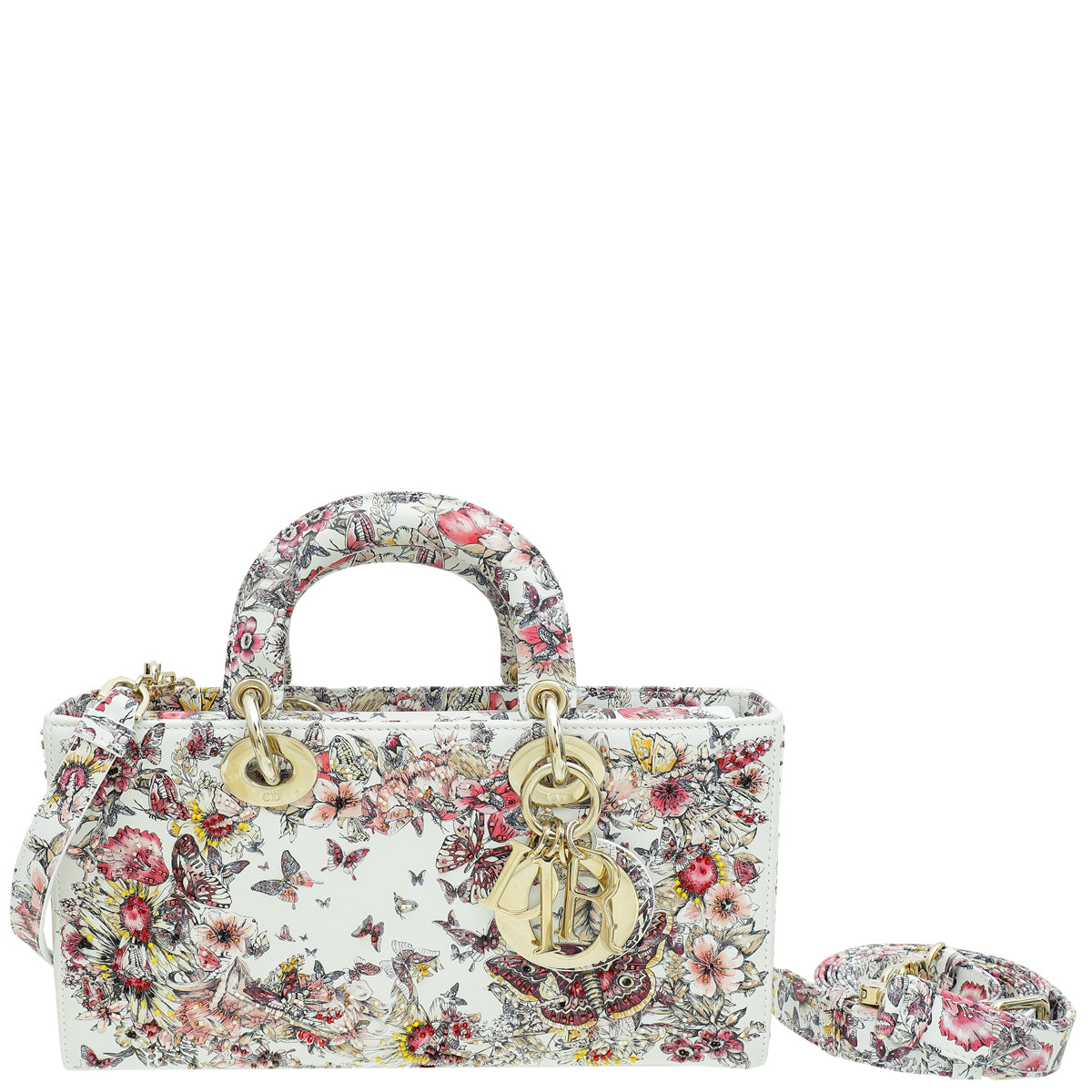 Christian Dior White Multicolor D-Joy Butterfly Printed and Embroidered Medium Bag