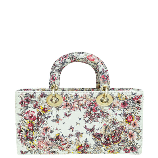 Christian Dior White Multicolor D-Joy Butterfly Printed and Embroidered Medium Bag