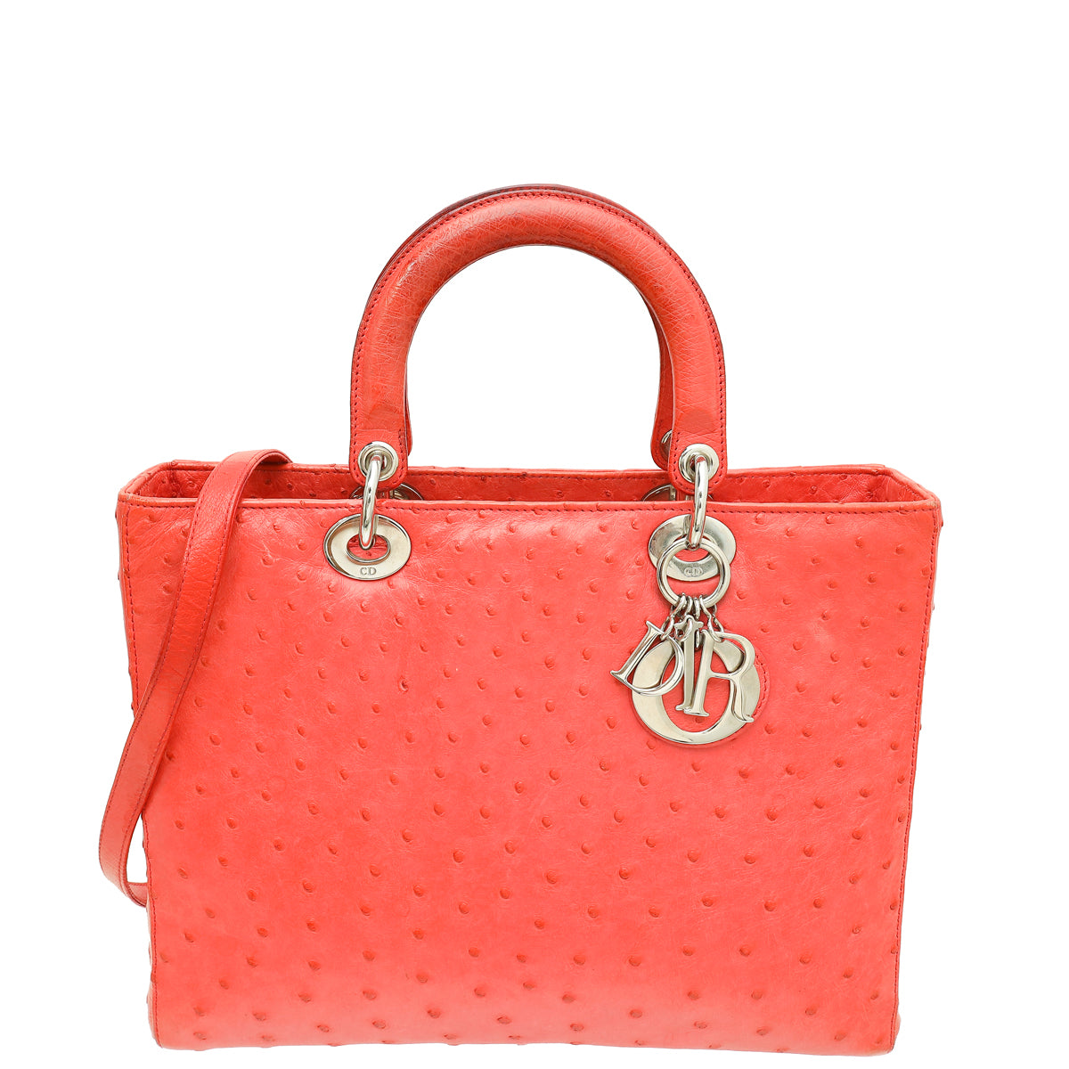 Christian Dior Coral Ostrich Lady Dior Large Bag