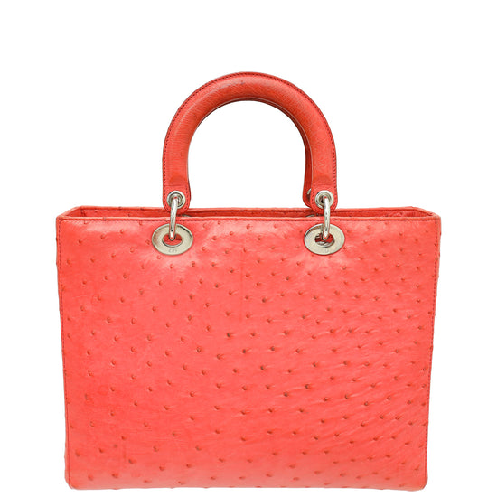 Christian Dior Coral Ostrich Lady Dior Large Bag